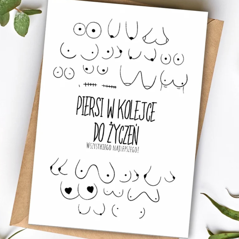 Kartka okolicznościowa "Piersi w kolejce do życzeń"